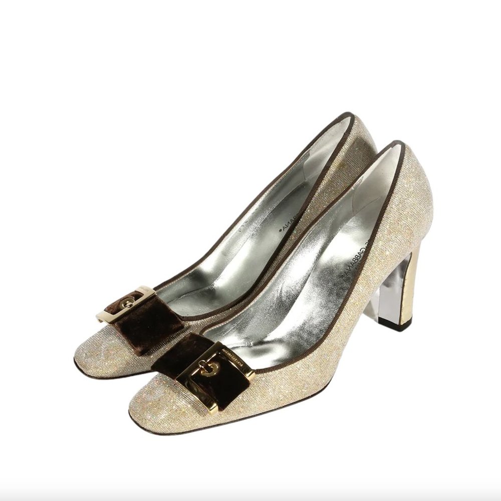 Dolce & Gabbana Silver Mesh Fabric Pump with Glitter Brown Velvet Accent